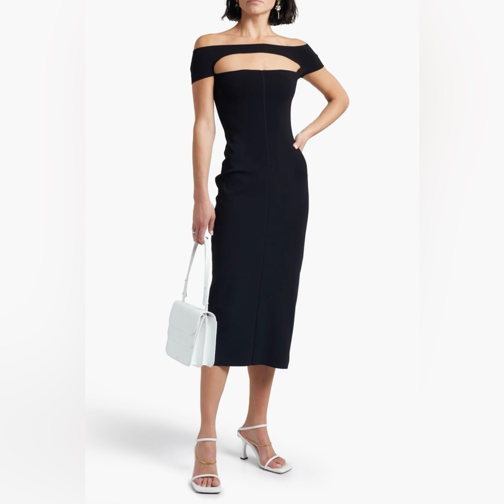 KHAITE off the shoulder cutout ribbed knit midi dress